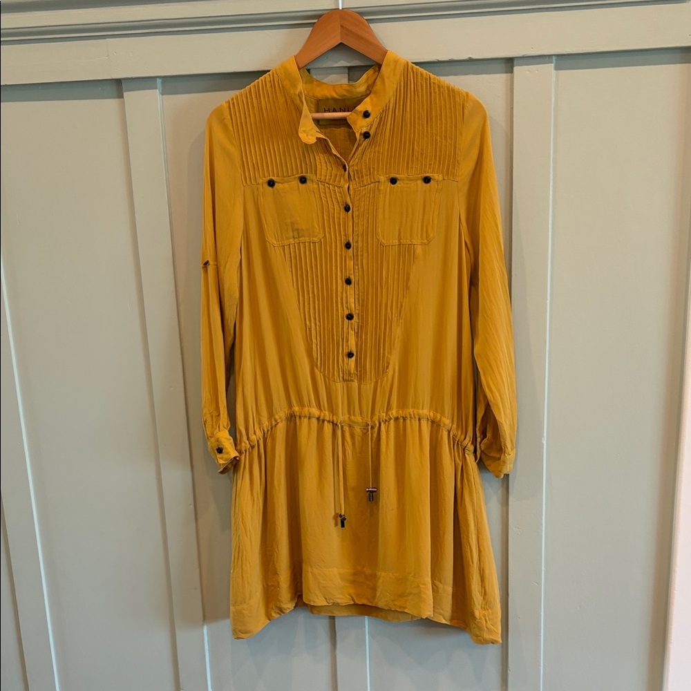 Hanley Mellon Mustard Yellow 100% Silk Pin Tuck Bib Shirt Dress Size 8